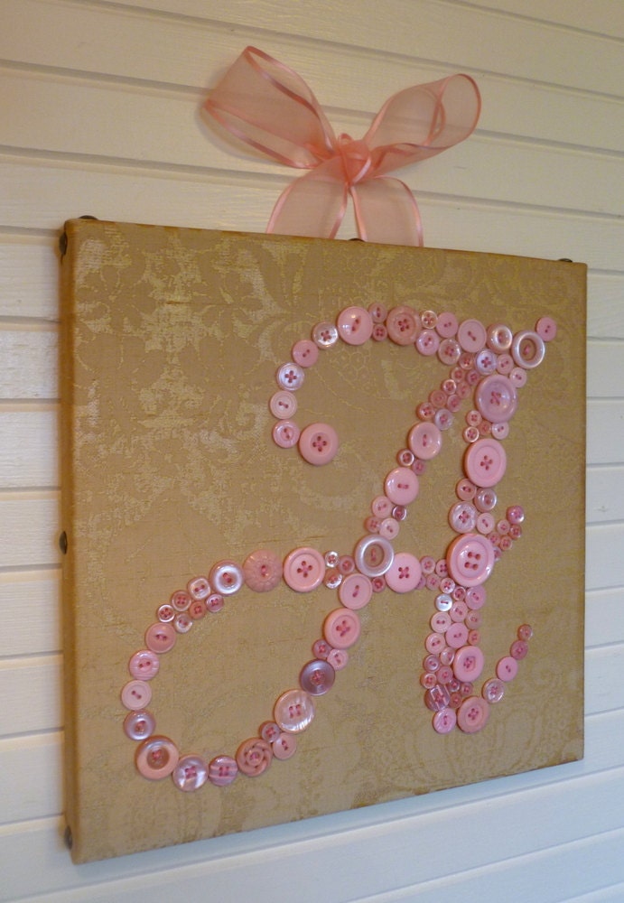 Personalized Baby Girl Vintage Style Nursery Button Letter Art on 12"x12" Canvas -- Pink Buttons on Gold Silk