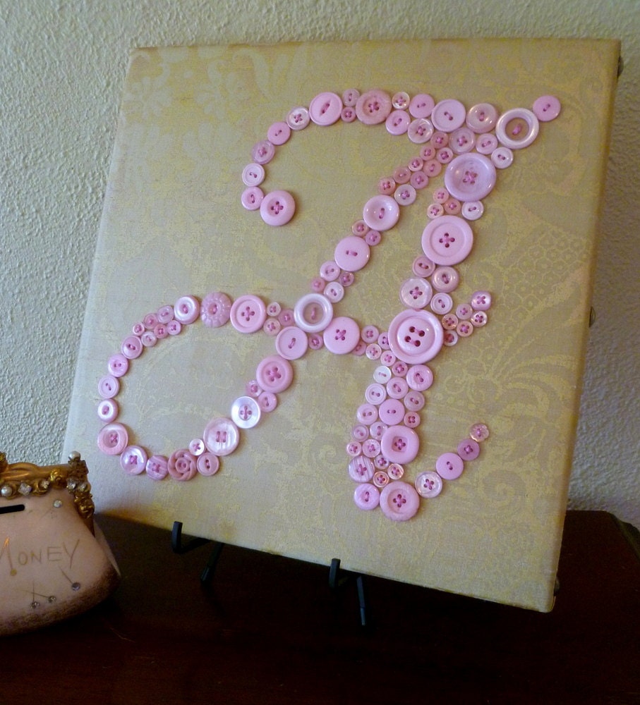Personalized Baby Girl Vintage Style Nursery Button Letter Art on 12"x12" Canvas -- Pink Buttons on Gold Silk
