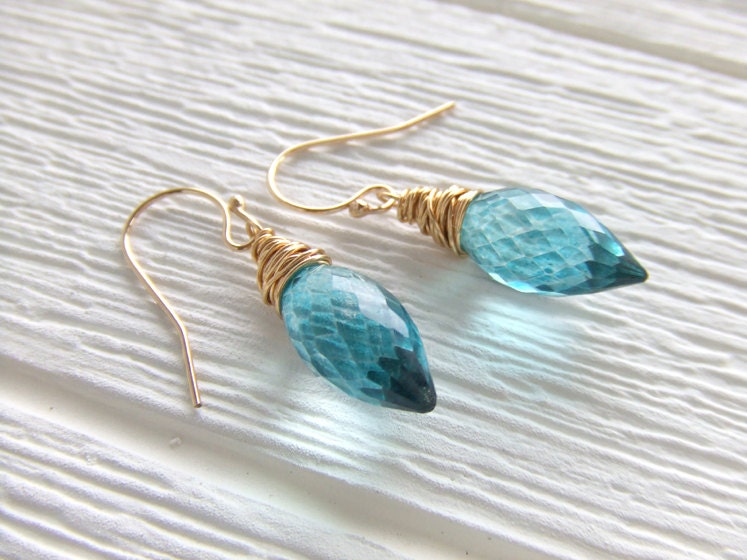 Teal Blue Peacock Marquise Briolette 14K Gold Filled Earrings, Jewelry Gemstone,  Wire Wrapped Dangles, Gift for Her, Wedding - LycheeKiss
