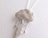 Silver Storm Jewelry Necklace, Simple Everyday Jewelry, Raindrops, Cloud, Lightning Bolt
