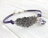 Dark Purple Mystical Peacock Jewelry Bracelet in Antique Silver, Feather, Gift for Her, Fashion