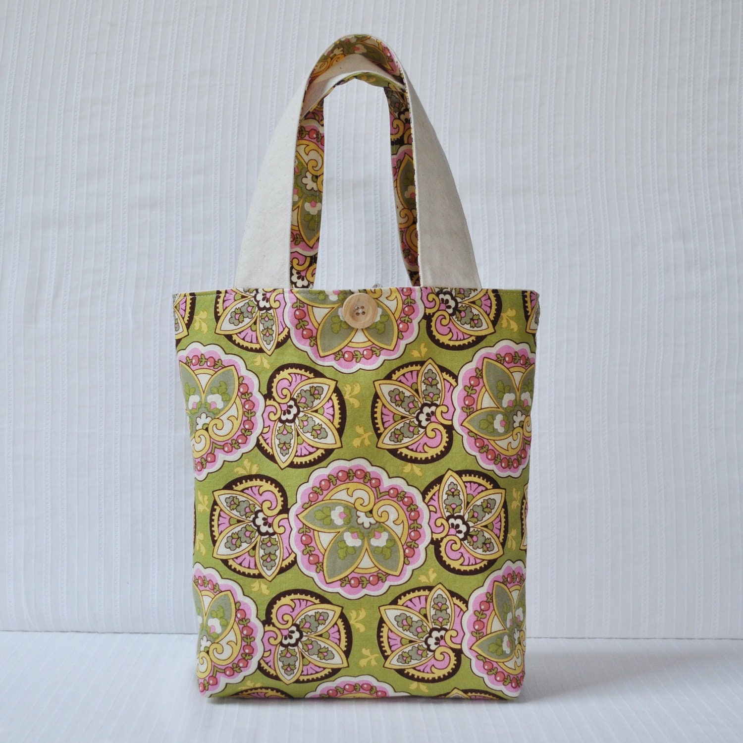 Lime Paisley Lunch Bag - Green Pink and Brown Mini Tote