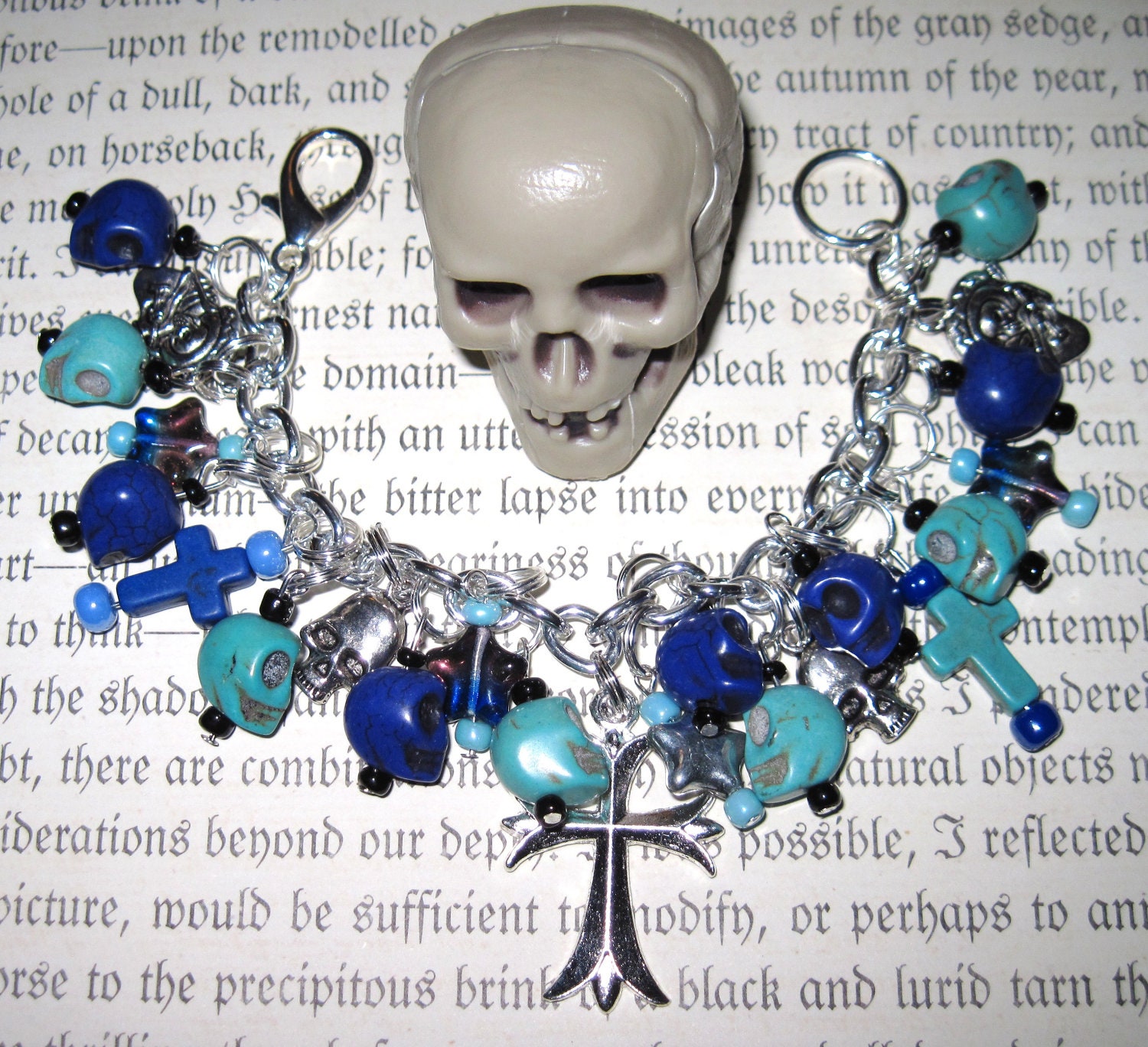 Jewelry Bracelet  Day of The Dead Sugar Skull Dia De Los Muertos Mexican Themed  Beads Crosses OOAK Eclectic Statement Piece