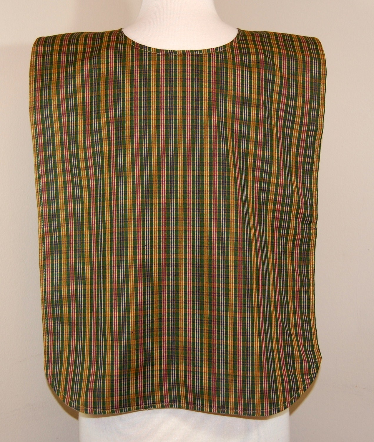 Adult Rib Bib/Clothing Protector for Men/Crumb Catcher, Long Length:  Green, Gold and Red Plaid/Tiny Cream Circles- Ready to Ship