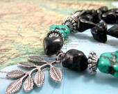 Necklace with Large Silver Leaf Pendant on Dark Brown and Turquoise Magnasite Nugget Gemstone Strand