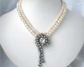 Rhinestone Pendant Pearl Necklace, 2 Strand Wedding Necklace, Handmade, Vintage Bride