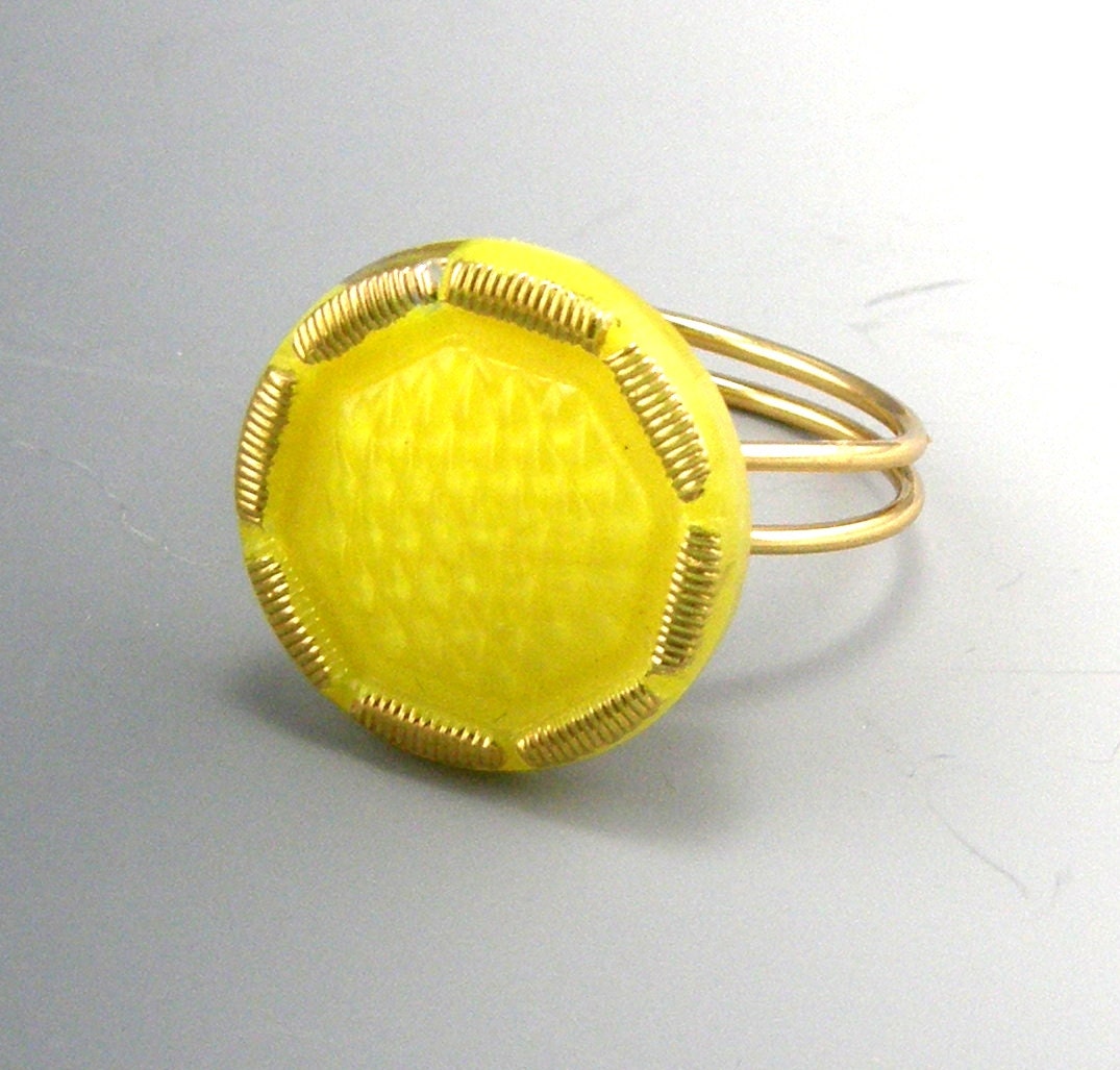 Vintage Czech Glass Button Ring Yellow and Gold