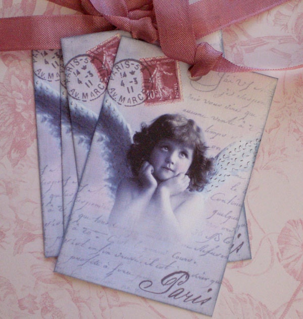 Angel Tags - French Angel Tags - Paris Tags - Vintage Christmas Tags - Set of 4
