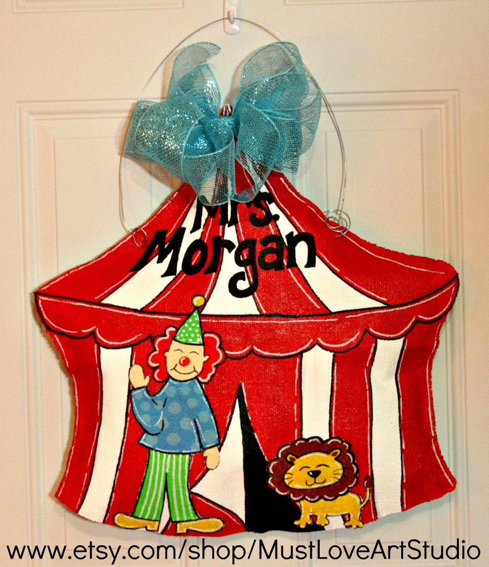 Teacher Circus Tent Burlap Door Hanger Decoration HUGE -  Back to School Carnival Clown