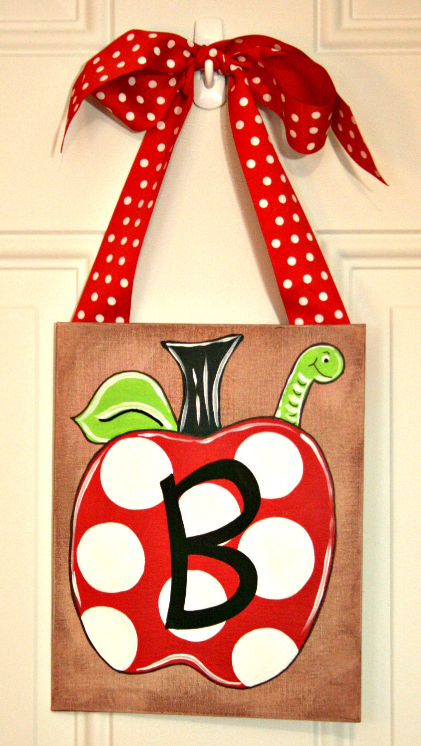 Personalized Teacher Gift Christmas Apple Polka Dot Painting Door Hanger Back to School
