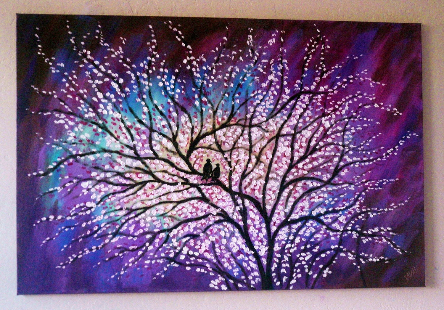 Commission made to order -Large Paintings Original contemporary  modern Cherry Tree and love birds 2-- free shipping- Va