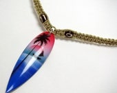 Natural Thin Macrame Hemp Necklace with Wood Surfboard Pendant
