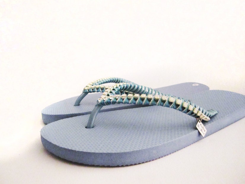 Flip Flops, Light blue decorated flipflops, Custom made decorated beaded slippers. designed rubber sandals with opal gems - streetcats