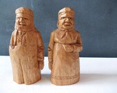 Hand Carved Wood Salt and Pepper Shakers : Rustic Old Man, Woman Folk Art Carvings