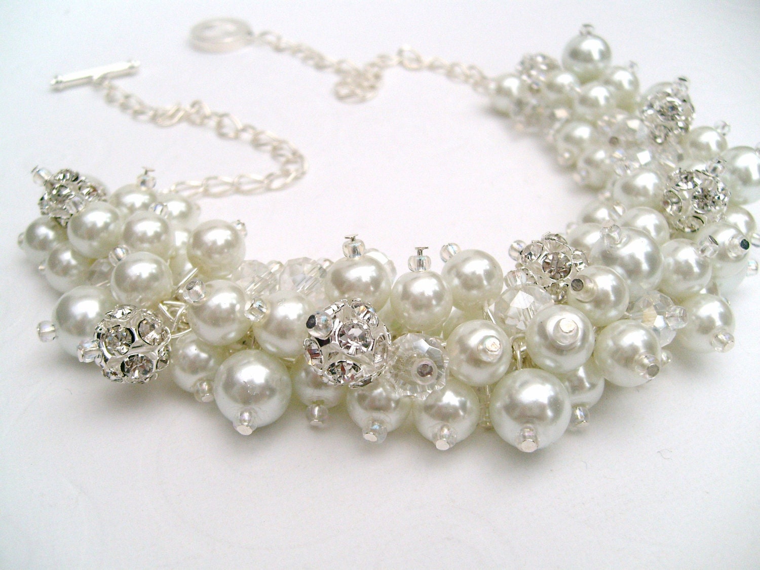 White Pearl and Rhinestone Beaded Necklace, Bridal Jewelry, Cluster Necklace, Chunky Necklace, Bridesmaid Gift,  Pearl Crystals Kim Smith