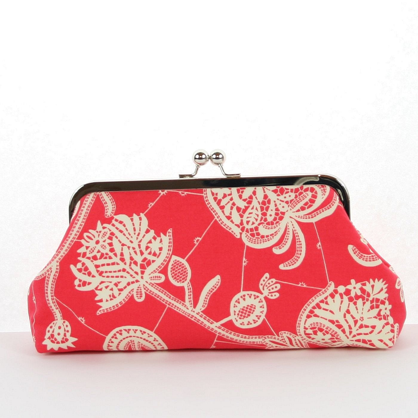 Persimmon Red Ivory Kisslock Clutch/ Persimmon Red Bridesmaid Purse