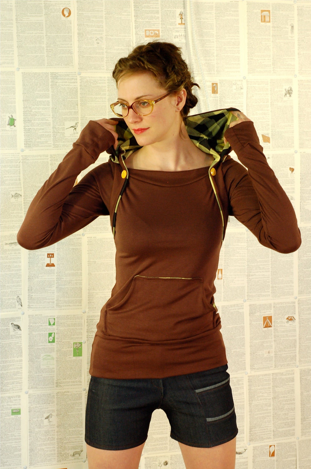lightweight cotton Hoodie-- Brown and Yellow Plaid.  double collar hooded longsleeved tshirt, buttoned versatility, kangaroo pocket