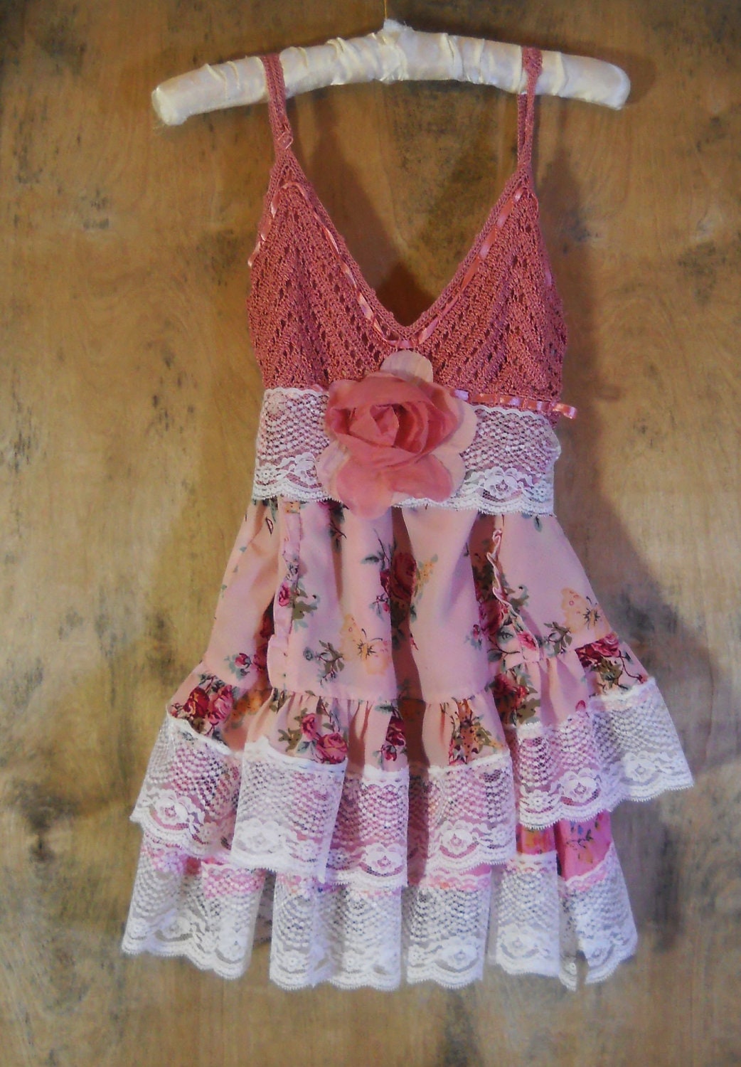 Floral lace tunic top crochet pink cream boho cupcake tulle  rose  vintage   romantic medium   by vintage opulence on Etsy