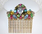 Multi Colored Rhinestone Hair Comb Blue Green Pink Yellow Aqua Gold Vintage Jewelry Accessory