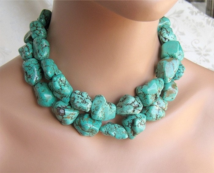 Chunky Turquoise Necklace, Two Strand Turquoise Nugget Necklace, Statement Necklace
