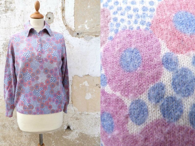 1950 /1960 Angora & wool novelty printed jersey sweater size S/M