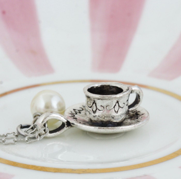 Silver Tea Cup Necklace - Ivory Pearl - Alice in Wonderland - Gift For Tea Lover