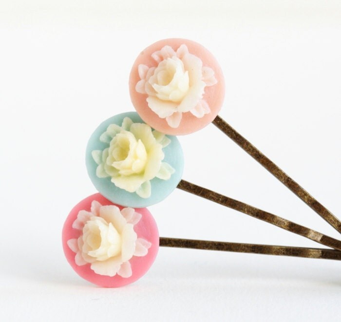 Whimsical Floral Hair Pins,  Pastel, Kids Hair Accessory, Bobby Pins, Blue, Pink, Ivory, Gift Idea For Girl - JacarandaDesigns