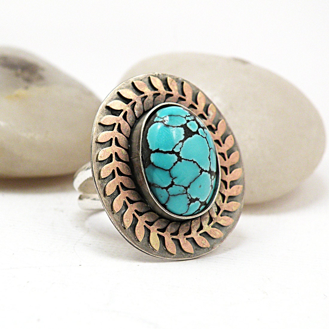 Turquoise Ring Sterling Silver Brass Leaf Wreath One of a Kind Rustic CUSTOM SIZED Jewelry - Olive Branch Ring