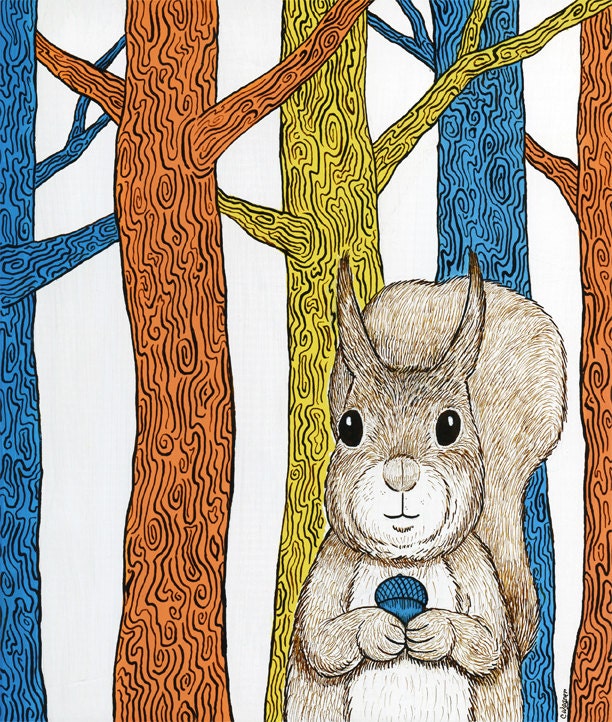 Blue Acorn Squirrel Forest Art Print 11" x14"