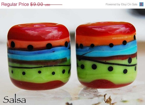 ON SALE 20% OFF Salsa, 2 red, green, blue and orange handmade glass beads, barrel beads by Beadfairy Lampwork, Sra