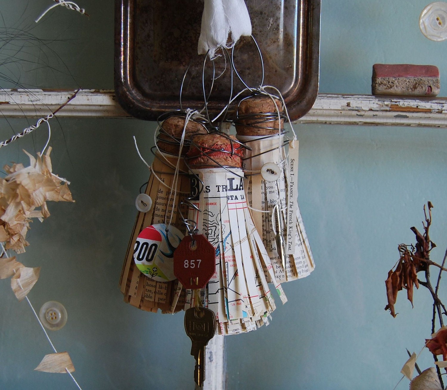 The Travelers Tassel Set - Vintage French, Travel Maps, and Literature Book Page Assemblage Tassel Ornaments