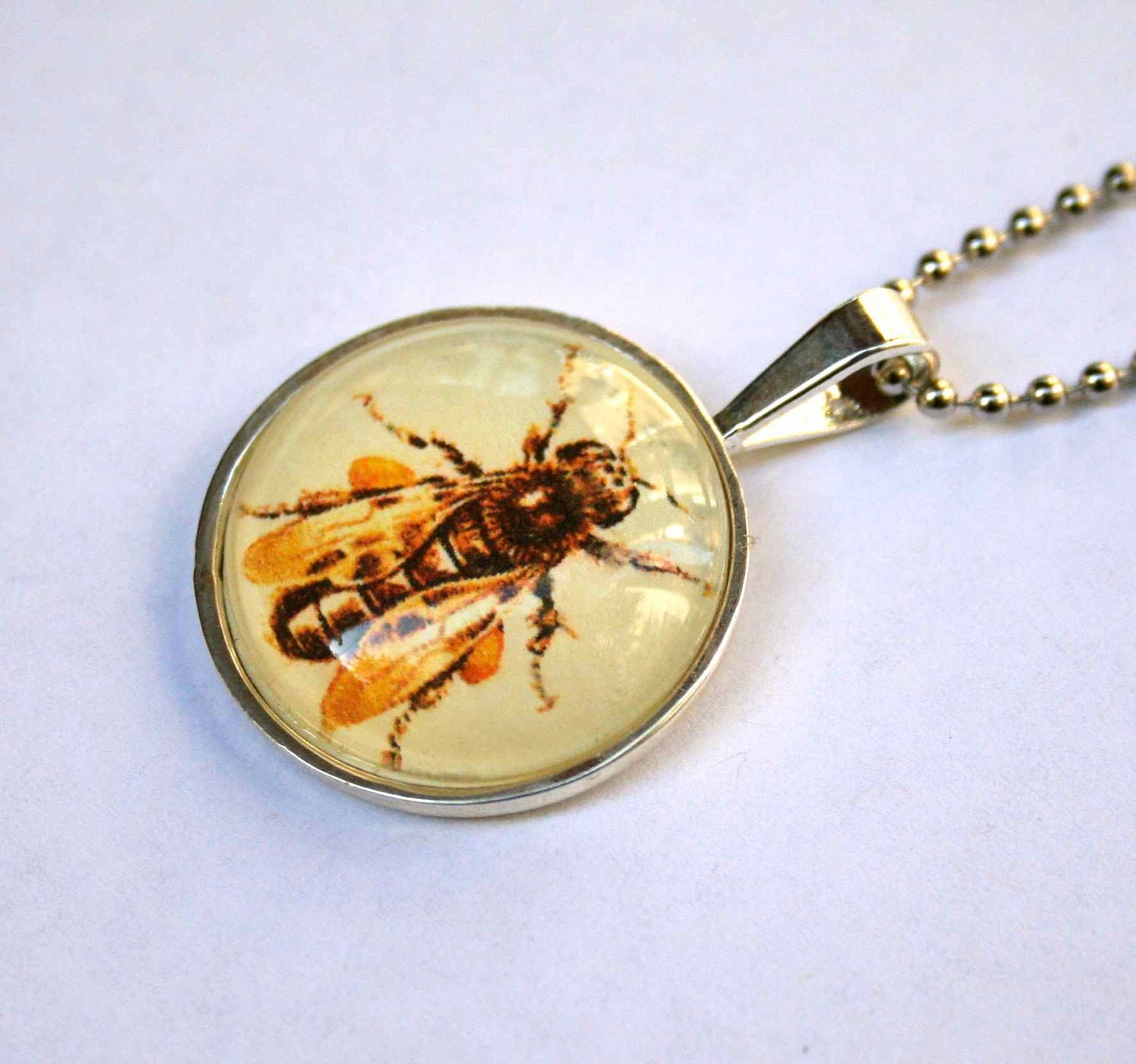 Bee Necklace in Silver - Honeybee Necklace - Bumblebee Necklace - Vintage Postage Stamp Necklace