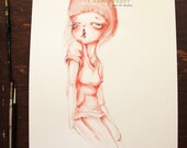 Original Painting-Little Brat-Big Eye Girl-Teenage Watercolor-Pinkytoast Art 11x14 inches