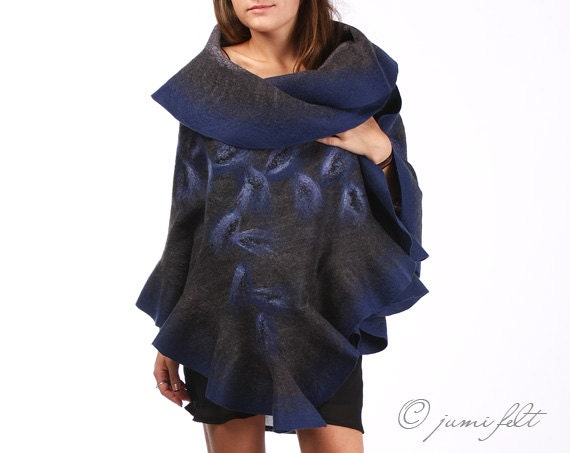 Felted shawl - Elegant Blue and Grey Wavy Ruffle - 2 in 1 Two side wearable - Handmade silk and wool