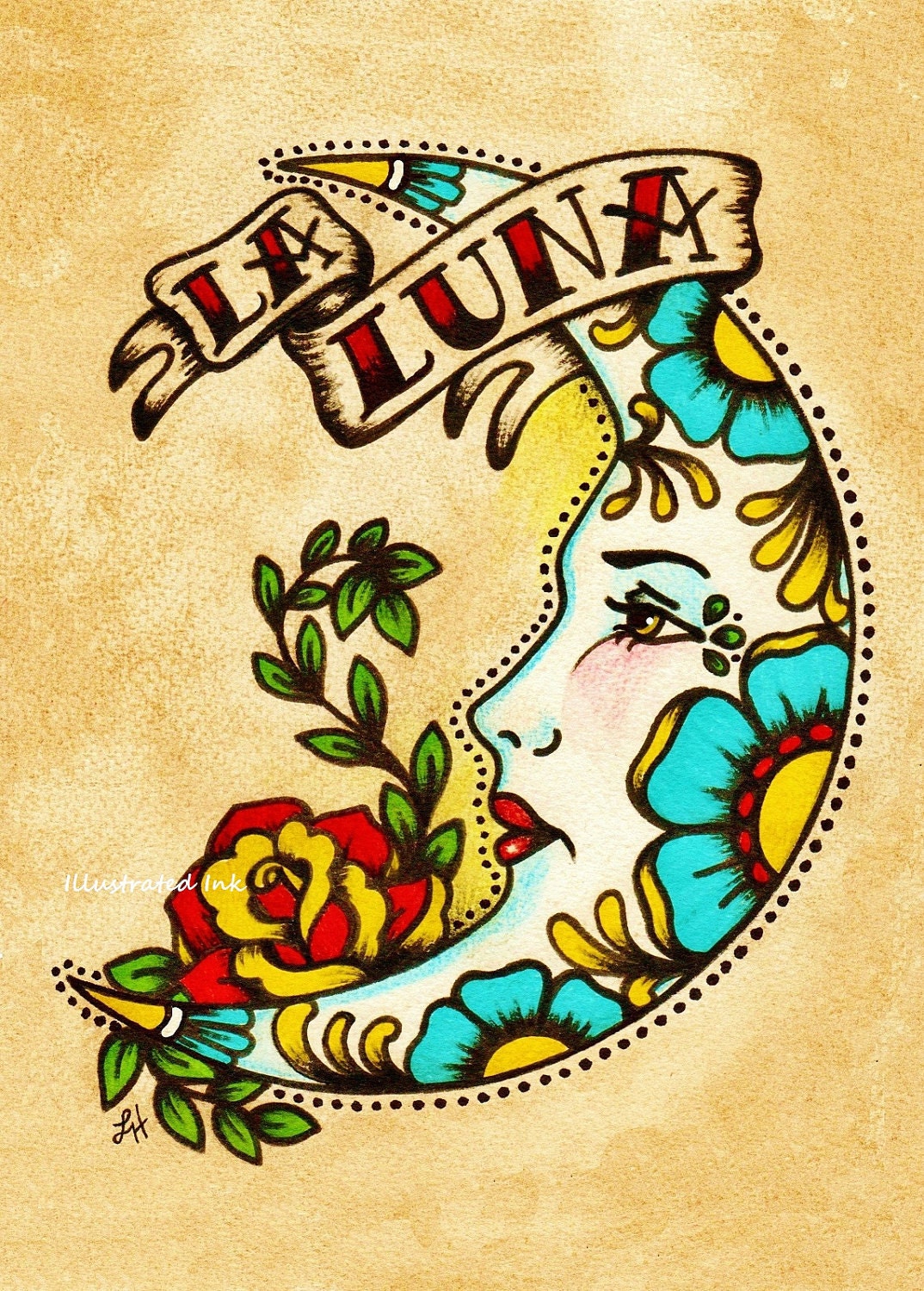 Old School Tattoo Art LA LUNA Loteria Print 8 x 10