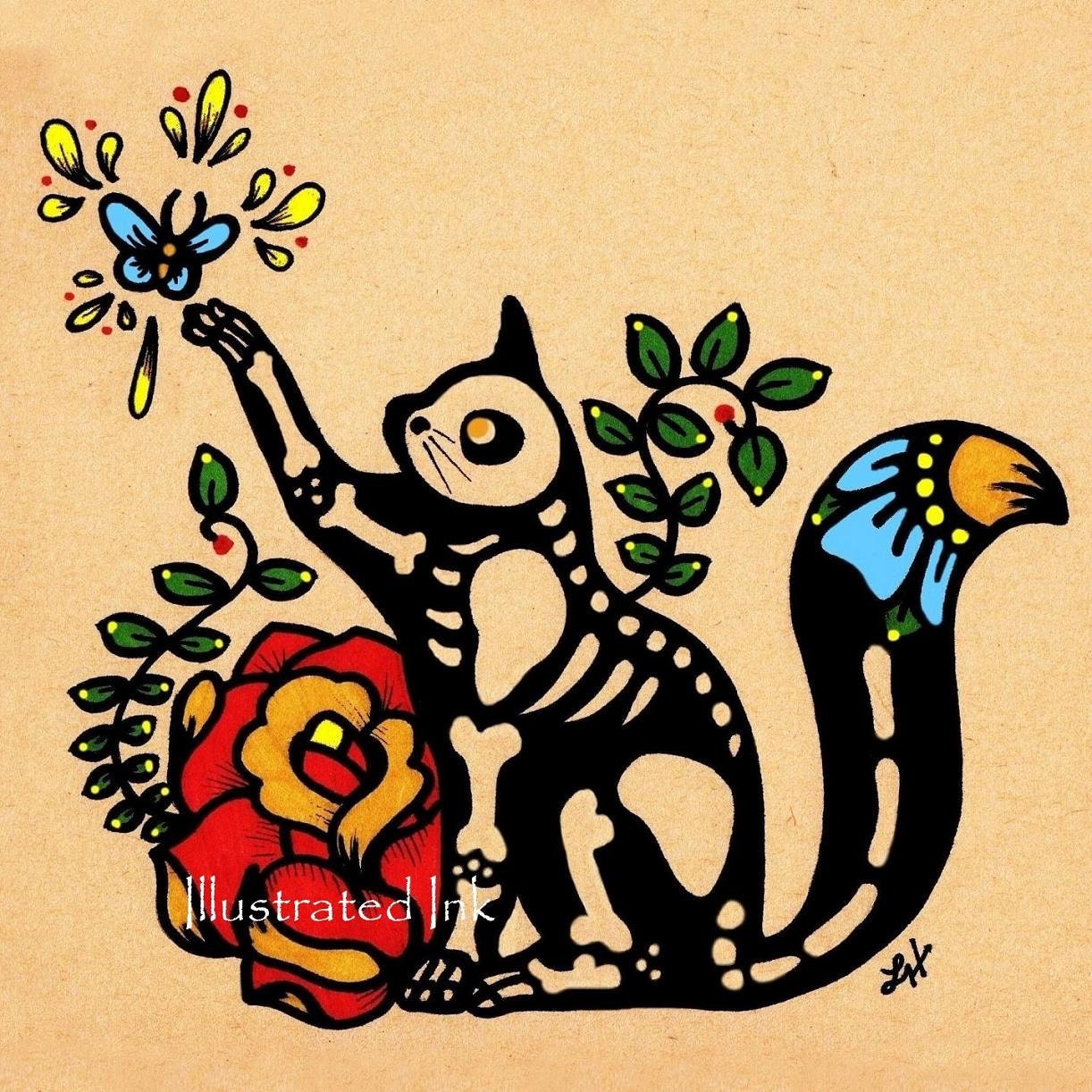 Day of the Dead CAT Dia de los Muertos Art Print 5 x 7 - Choose your own words
