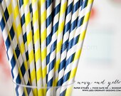 50 navy blue and yellow paper straws, striped blue and gold straws for parties and events, free printable flags - saralukecreative