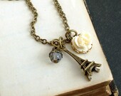 Eiffel Tower Necklace With Ivory Rose, Paris Necklace, Charm Necklace, Flower Necklace, Rose Necklace