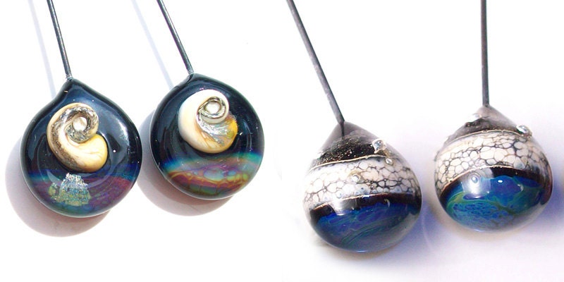 Galaxies and Ammonites- Handmade lampwork glass headpin pairs- tear drop and paddle on black with raku and ivory - Genea