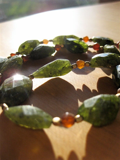 Natural Vessonite Nugget Necklace with Hessonite and Vintage Brass