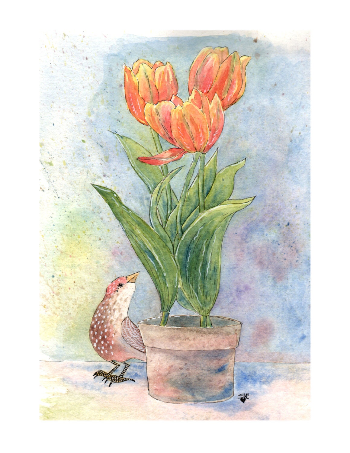 Print of Original Art "Brown Bird with Orange Tulips" Watercolor - digiliodesigns