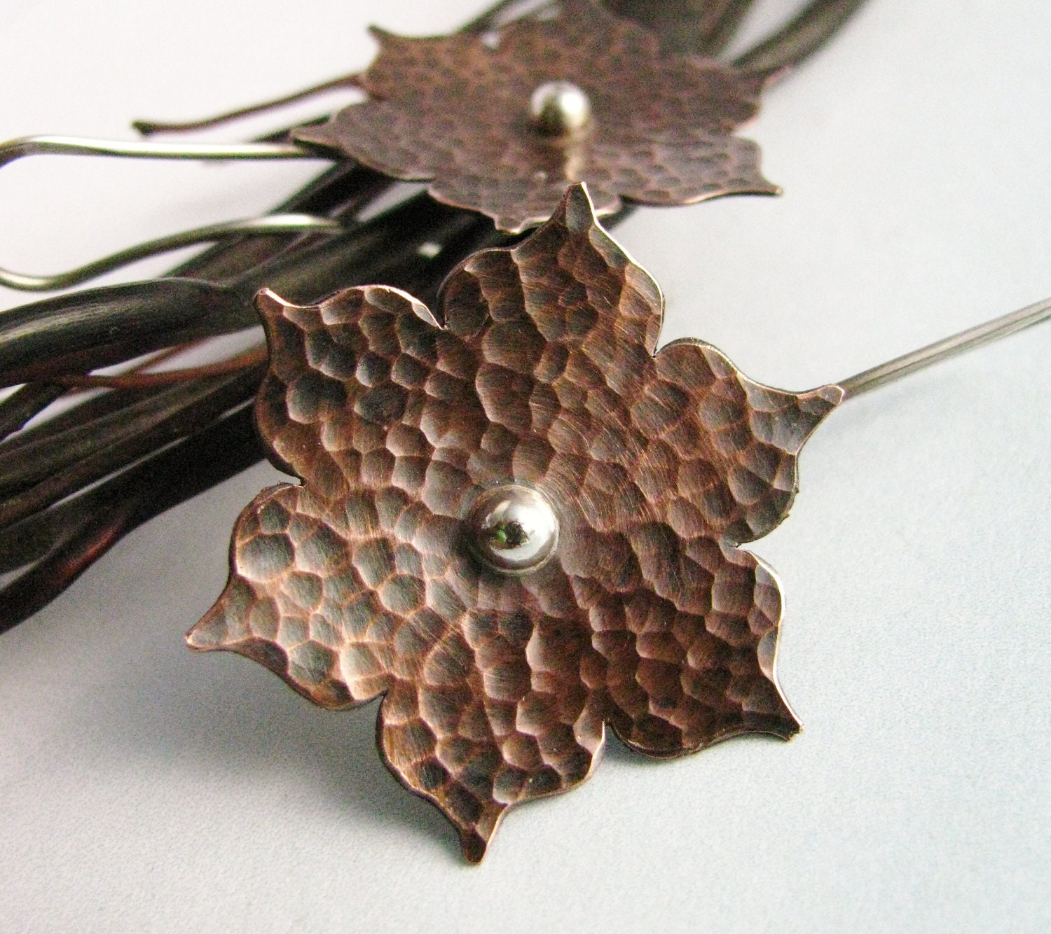 Mixed Metal Lotus Flower Earrings Hammered Silver And Copper Lotus Earrings - Metalsmith Contemporary Flower Jewelry