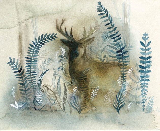 Print - Watercolor painting - Stag in Blue Forest