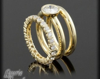 Moissanite Three RIng Wedding Set - Bezel Set Engagement Ring with plain band and Diamond Band - LS2174