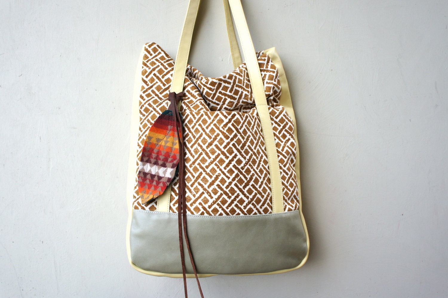 NEW STYLE///Lu Lu Tote in Vintage Southwestern Basket Weave with Pale Yellow and Green Leather Accents