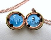 Oil Painted Skyline  - Unique Locket Necklace - Blue Metropolis with Crescent Moon and Water Tower