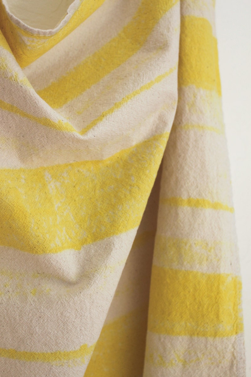 Tea towel rustic natural unbleached cotton primary lemon yellow stripes