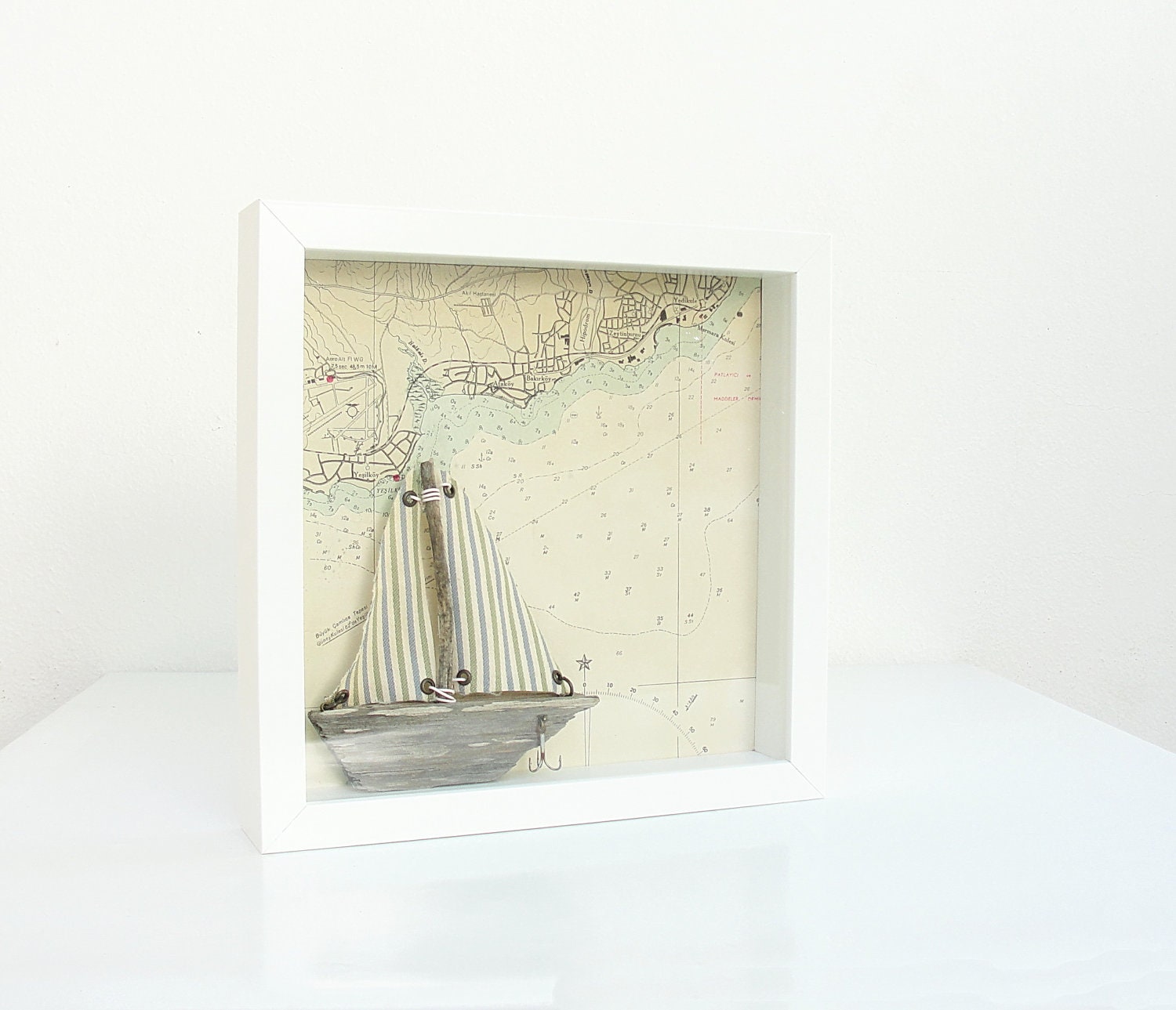Vintage Sea Map and Driftwood Boat Shawdow Box Nautical Wall Hanging