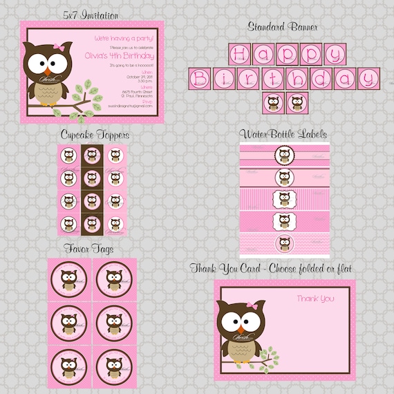 Owl Birthday Party - Wide Eyed Owl - Printable DIY Includes custom 5x7 invite, favor tags, cupcake toppers, water bottle labels and more Il_570xn