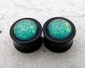 Double Flare Plugs - Black Acrylic Plugs - All Hollows Green - 5/8" 3/4" - Green Shimmer Orange Rainbow Glitter Plugs